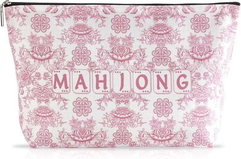 Bornerwhite Empty Mahjong Tiles Bag with Zippered 13x7.8 Inch Thickened Pink Print American Bag for 1.2 Inches Standard Size American Mahjong Tiles Accessories and Gifts(Case Only) - Image 1